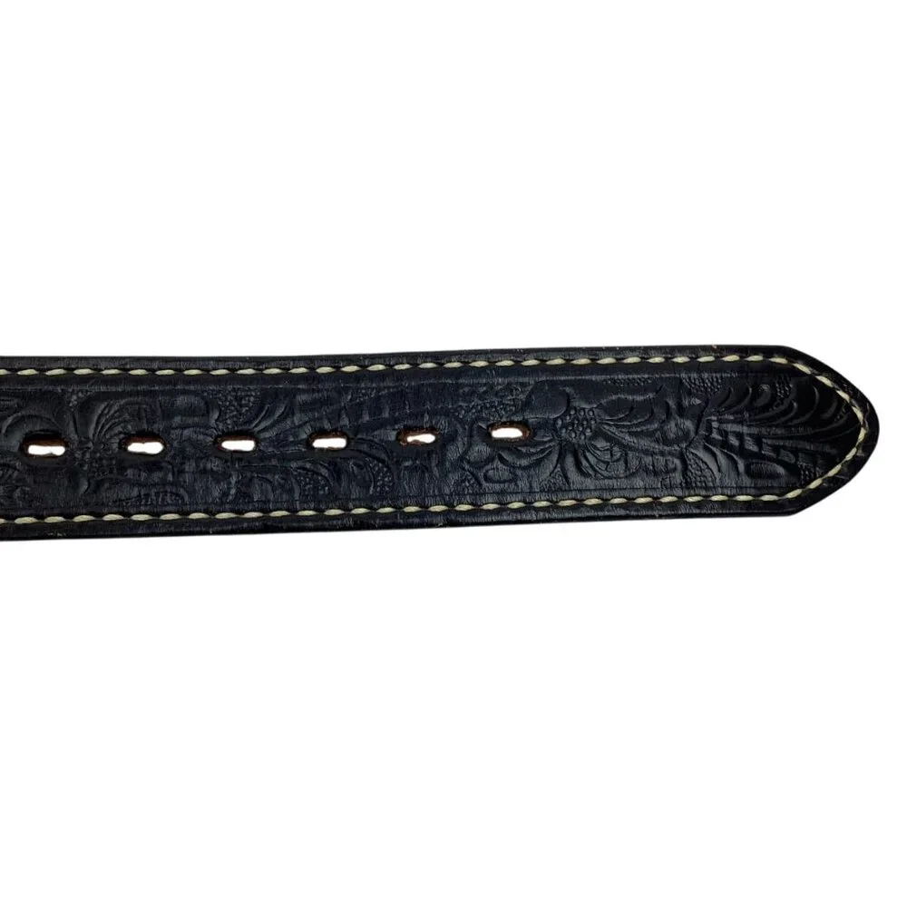 Justin Tooled Black Leather Belt Eagle Buckle Solid Brass Mens 28 Made In USA NW - Picture 4 of 9